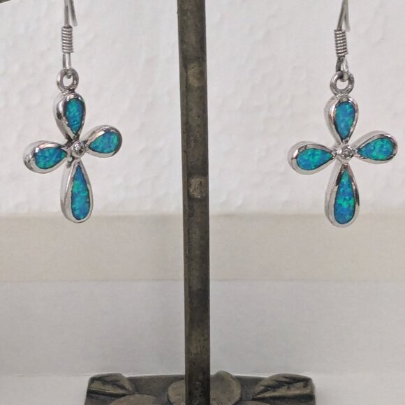 Sterling Silver AK Opal Inlay Christian Cross Dangle Pierced Earrings - Picture 2 of 5
